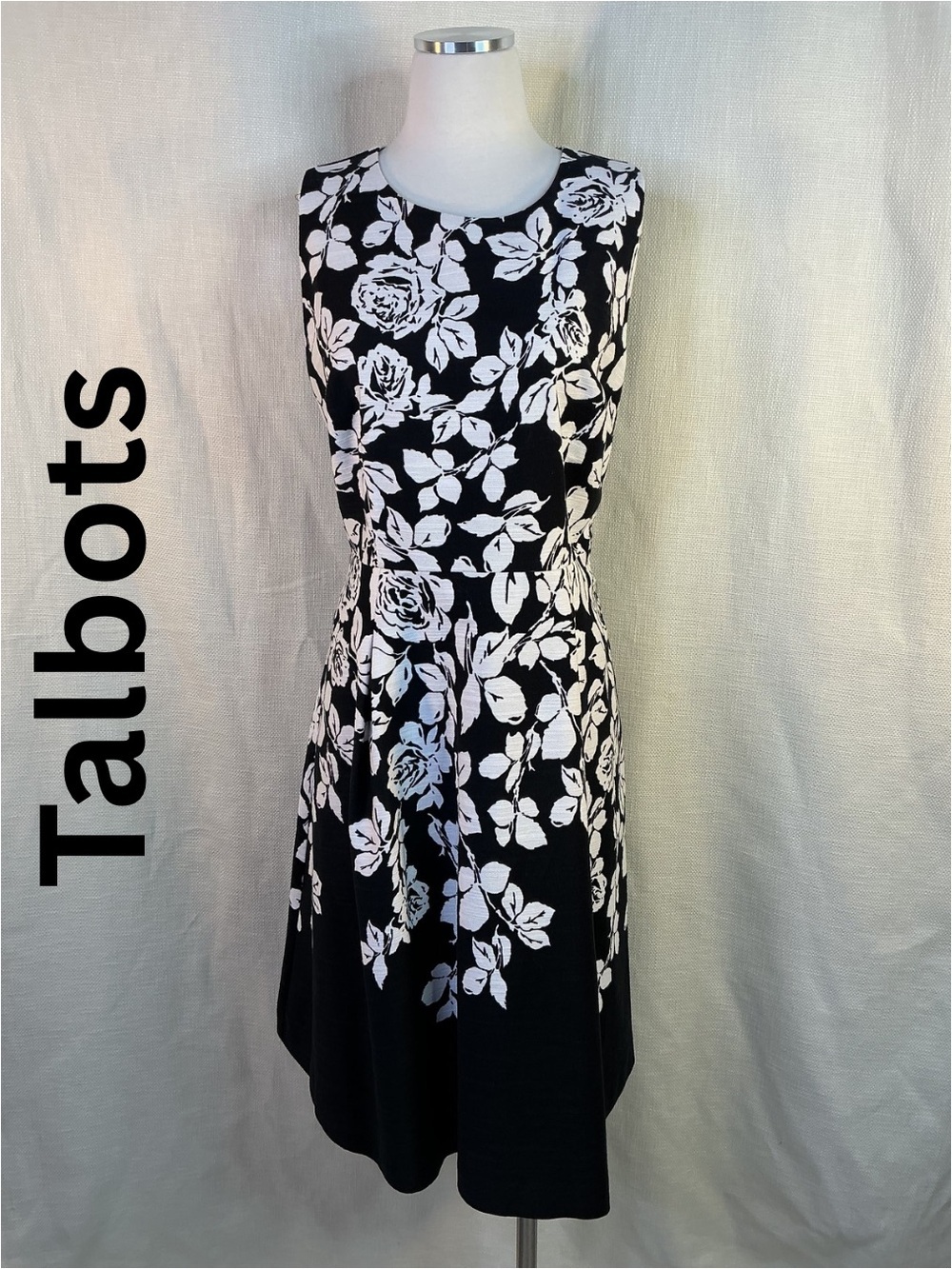 Talbots Black White Floral Sleeveless Fit Flare Dress Rose Print Classic Midi